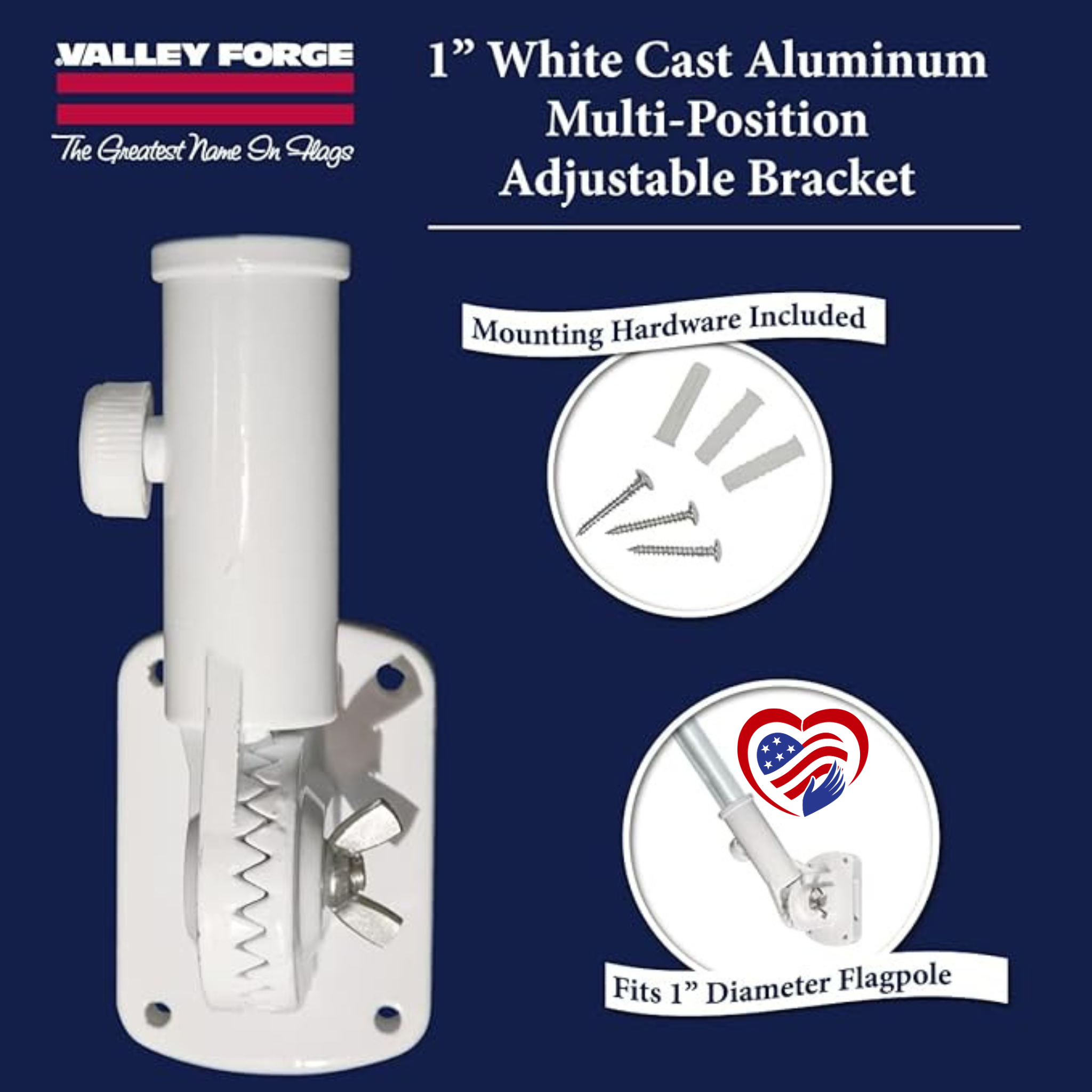 1 Inch White Cast Aluminum Adjustable Flagpole Bracket