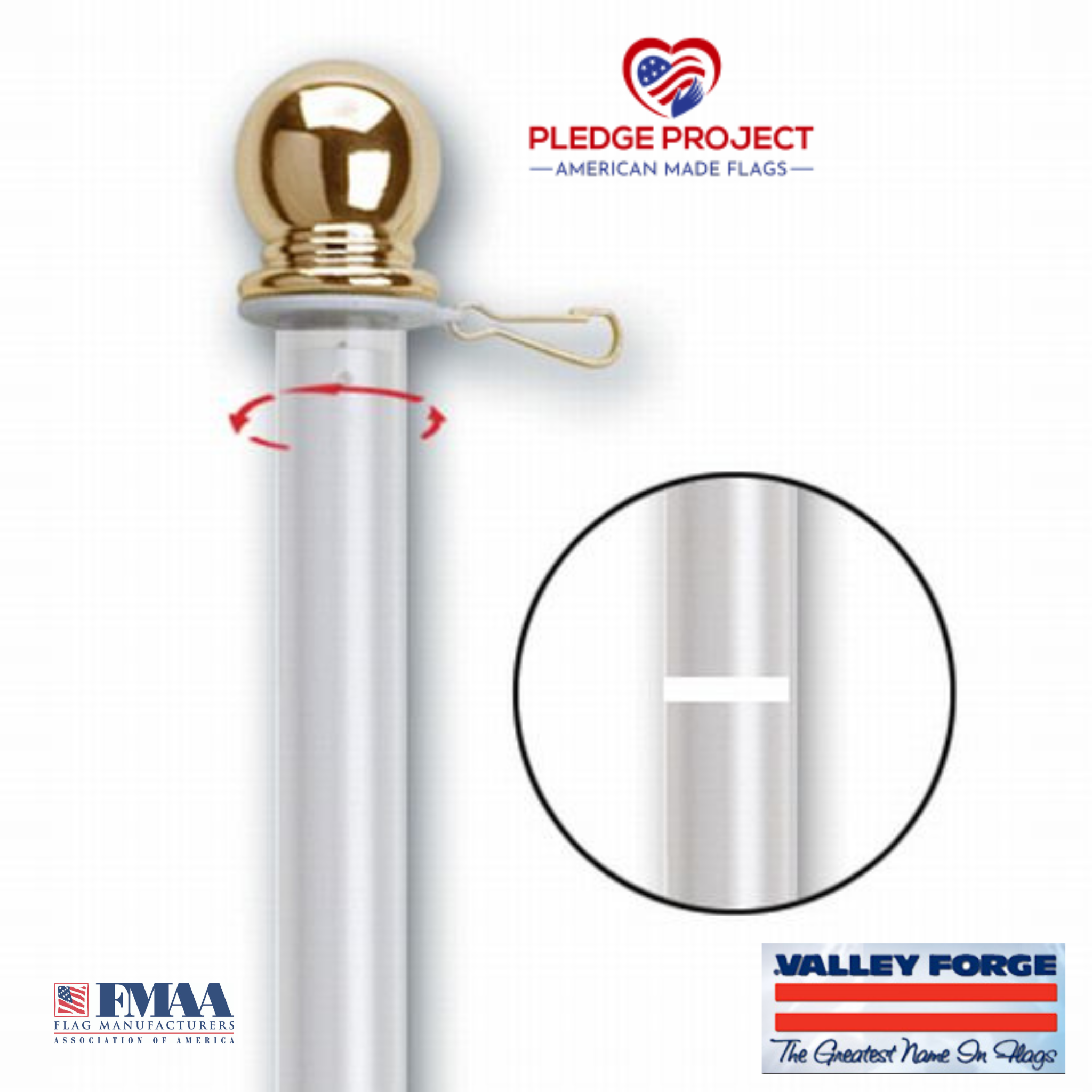Valley Forge Flag 2-Piece 6ft White Aluminum Flagpole with Mounting Hardware and Spinning Technology.