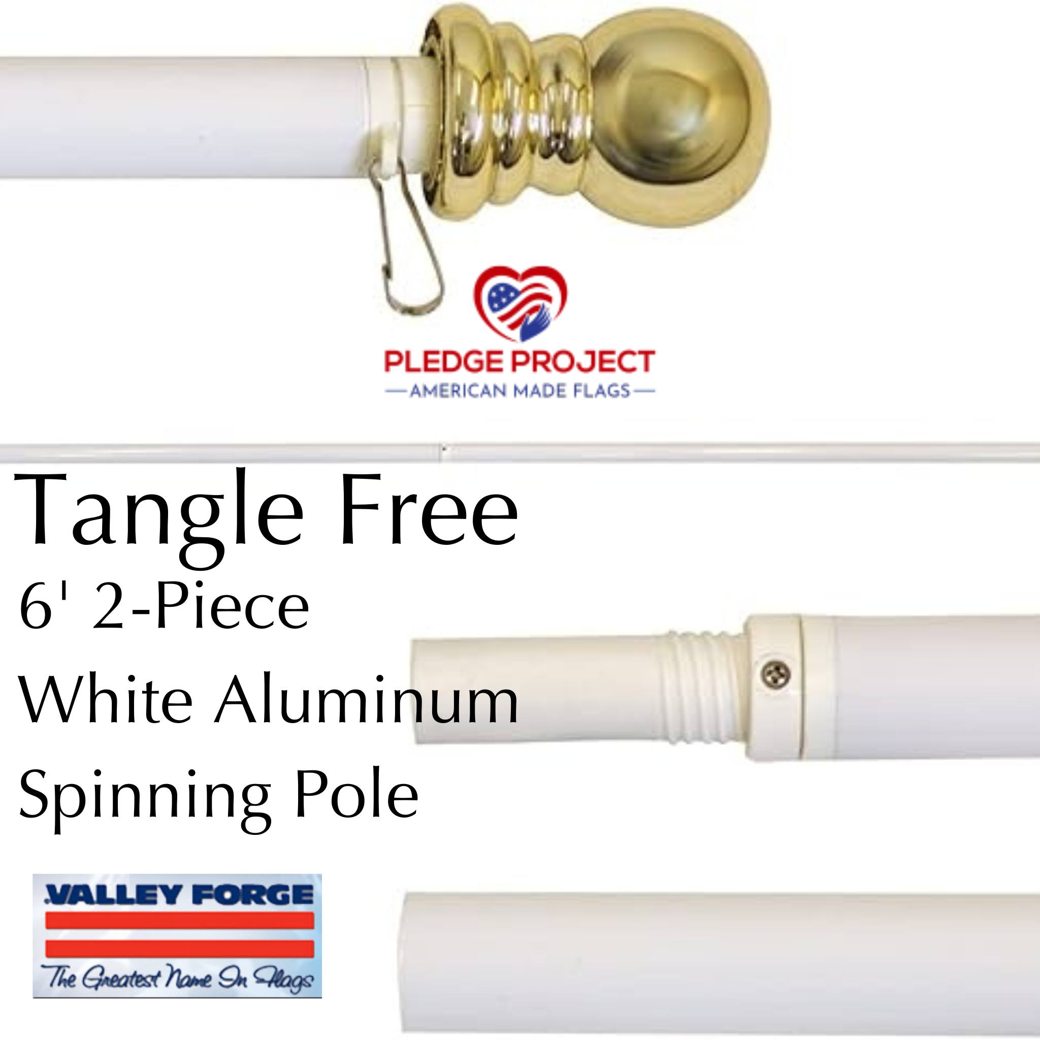 Complete Premium Wall Mounted White Aluminum Flagpole with Gold Ball Package - 3 Options